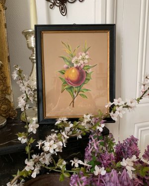 ancienne peinture à l'huile pêcher en fleurs fin xixeme