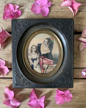ancienne gravure rehaussée mère et fille cadre en gutta percha