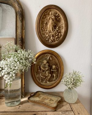 ancien tableau vierge et putti en cire vers 1900