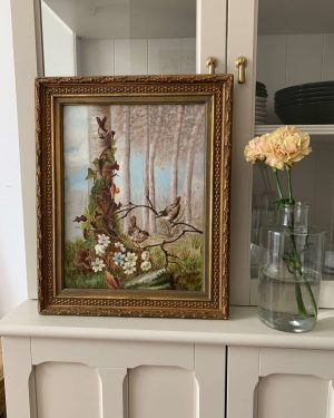 ancienne huile sur carton forêt oiseaux début 20ème