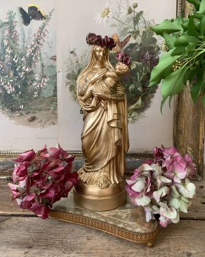 ancienne vierge dorée à l'enfant couronne de fleurs