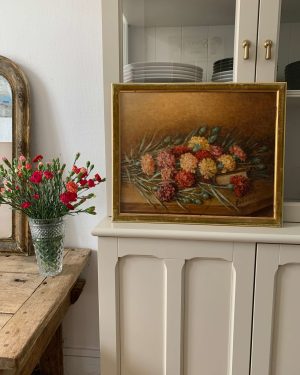 ancienne peinture à l'huile sur panneau oeillets 1938 cadre velours