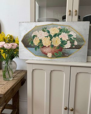 ancienne peinture de fleurs roses sur bois art déco