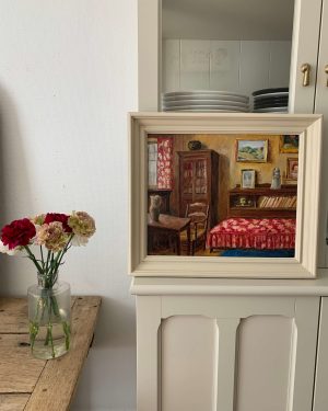 ancienne peinture à l'huile scène d'intérieur années 30 40