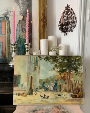 ancienne peinture à l'huile ferme basse cour xixeme
