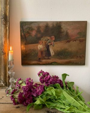 ancienne peinture à l'huile toile fille maman fleurs couleurs pastels
