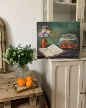 ancienne peinture à l'huile nature morte poissons rouges
