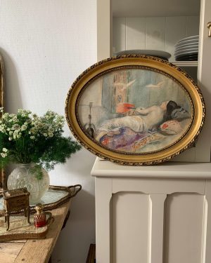 ancienne aquarelle femme art déco cadre oval