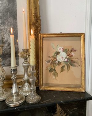ancienne peinture de fleurs gouache roses xixeme cadre feuille d'or