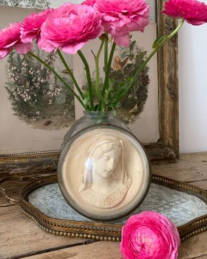 ancien reliquaire platre calcaire pétrifié vierge marie verre bombé xixeme