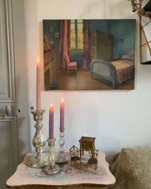 ancienne peinture huile sur toile scène d'intérieur debut xxeme