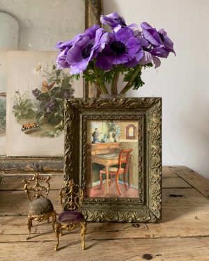 ancienne peinture aquarelle scène d'intérieur