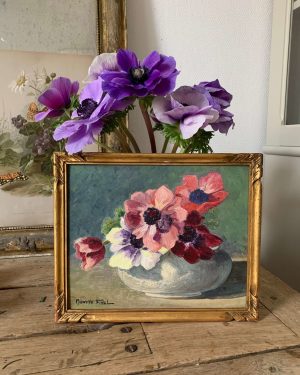 ancienne peinture à l'huile anémones de 1936