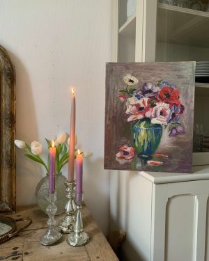 ancienne peinture à l'huile anémones fleurs début xxème