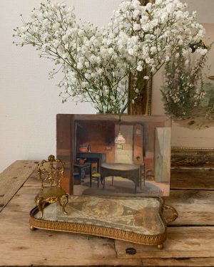 ancienne peinture à l'huile scène d'intérieur debut xxeme