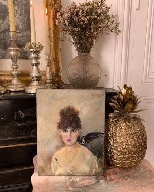 ancienne peinture à l'huile portrait de femme charmeuse et oiseau de 1899