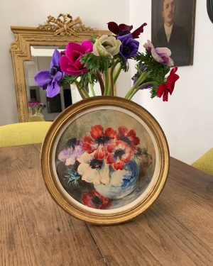ancienne aquarelle de fleurs anémones début XXe