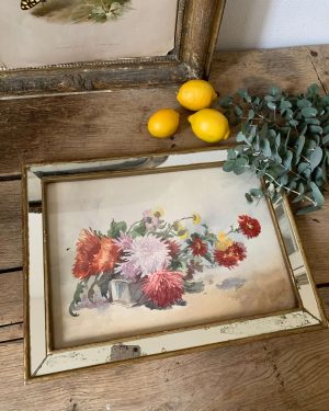 ancienne aquarelle fin xixeme fleurs cadre miroir