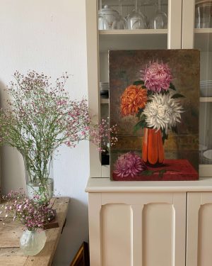 ancienne peinture à l'huile de dahlia debut xxeme