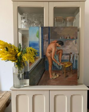 ancienne peinture à l'huule scène d'intérieur femme nue alice kohn