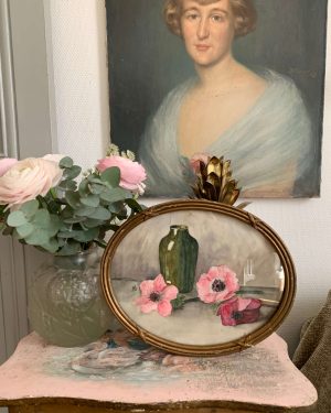 ancienne aquarelle de fleurs anémones début XXème