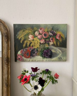 ancienne peinture à l'huile fleurs nature morte violettes mimosa anémones