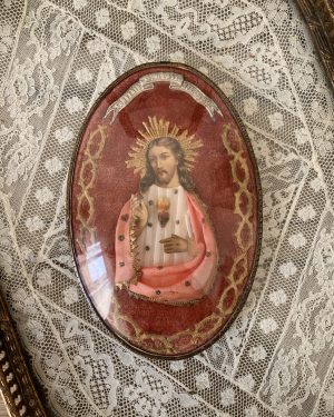 ancien reliquaire sacré coeur de jesus cadre bombé xixe