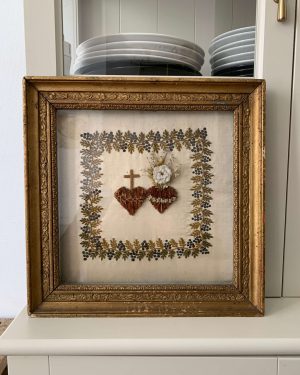 ancien cadre ex voto coeurs sacré coeur de jesus et coeur de marie fin xixeme