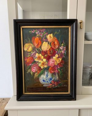ancienne peinture à l'huile sur bois bouquet de fleurs xxeme