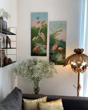 ancienne huile sur toile vers 1900 oiseaux flamant rose