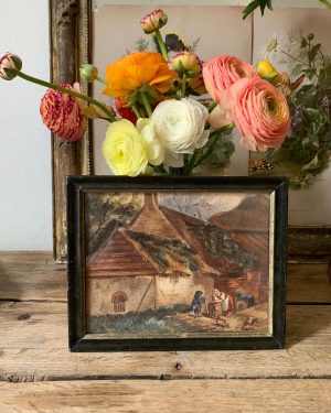 ancienne aquarelle ferme poules paysans xixeme