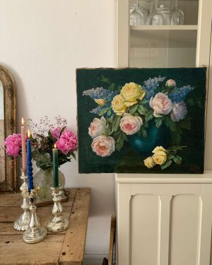 ancienne huile sur toile bouquet de fleurs debut xxeme
