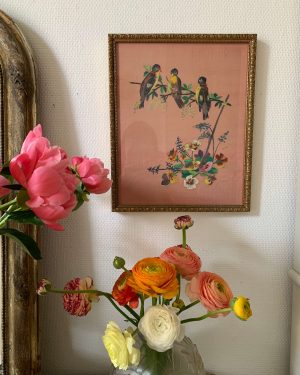 ancienne peinture sur soie oiseaux pensées