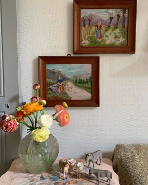 ancienne peinture à l'huile paysage chevres oies debut xxeme