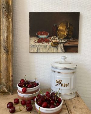 ancienne huile sur toile nature morte cerises