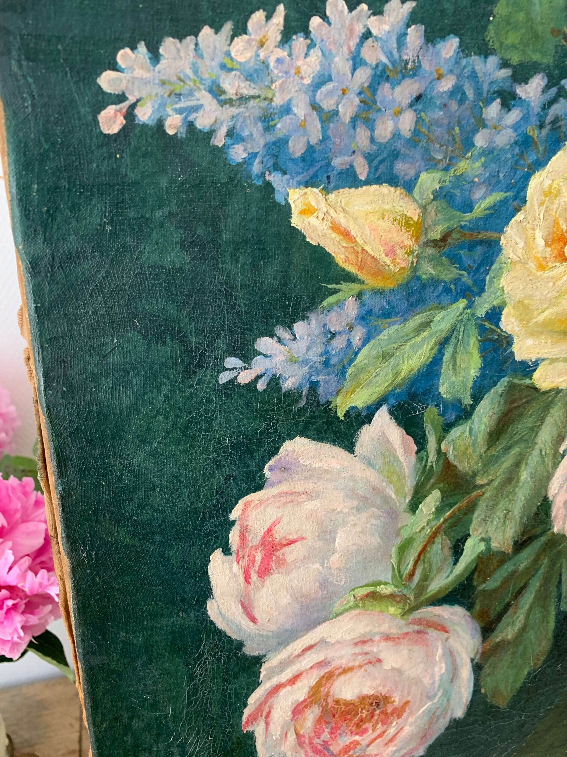 Ancienne Tapisserie Murale Allemande Bouquet De Fleurs 24x18 - Déco Vintage