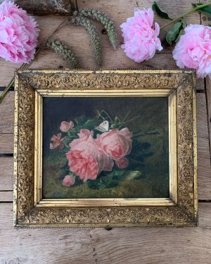 ancienne huile sur toile jetée de roses papillon vers 1900