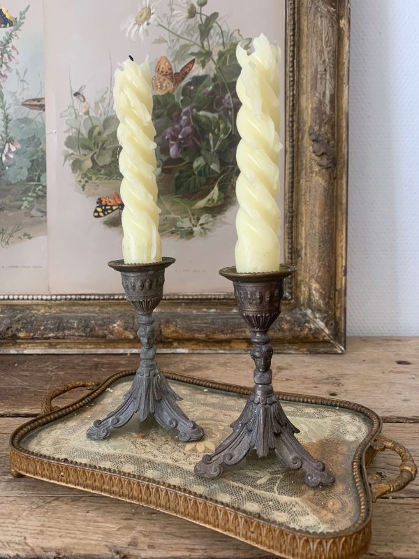 Paire De Petits Bougeoirs Anciens En Nacre Et Laiton - Déco Vintage