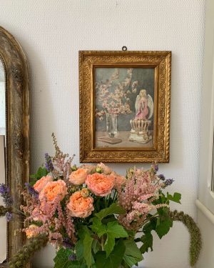 ancienne nature morte aquarelle scène religieuse bénitier