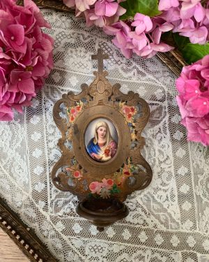 ancien bénitier vierge Marie xixe peinture sur porcelaine