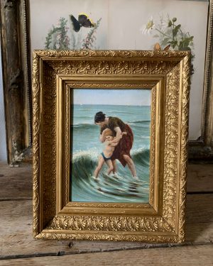 tableau ancien image rehaussée huile maman enfant mer