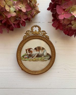 Petit cadre chromo de chat XIXe