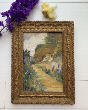 Peinture ancienne « Le chemin fleuri »